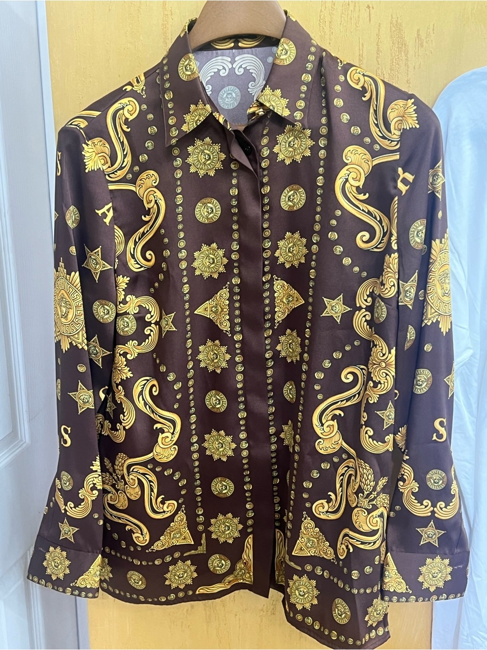 Versace Brown and Gold Baroque Button-Down Shirt